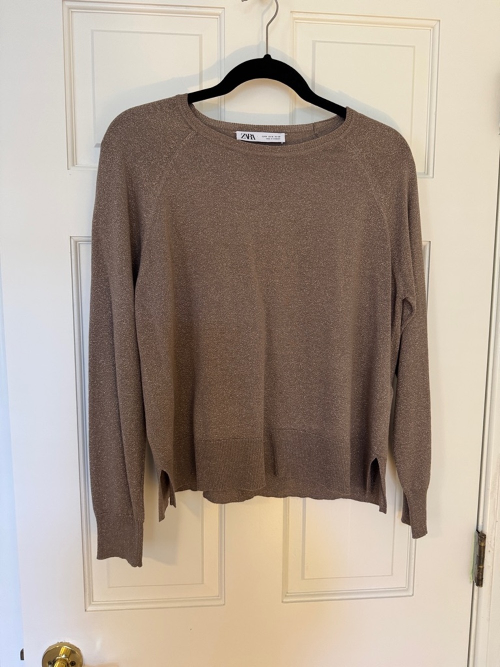 Zara Neutral sparkle Taupe Crewneck Sweater with Side Slits